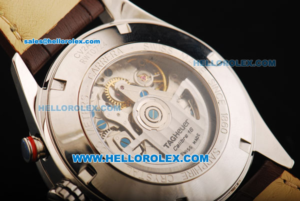 Tag Heuer Carrera Calibre 16 Swiss Valjoux 7750 Automatic Movement Steel Case with White Dial and Brown Leather Strap - Click Image to Close